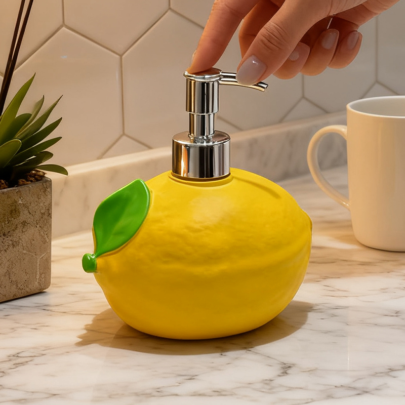 Soap Making Jug - かわいいレモン型樹脂製ソープディスペンサー、フルーツローションポンプボトル、バスルームカウンター装飾、家庭用キッチン収納オーナメントギフト